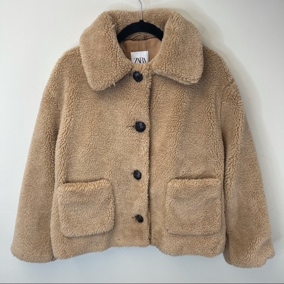 Zara Cropped Tan Sherpa Teddy Coat Jacket Size Medium - Picture 2 of 4